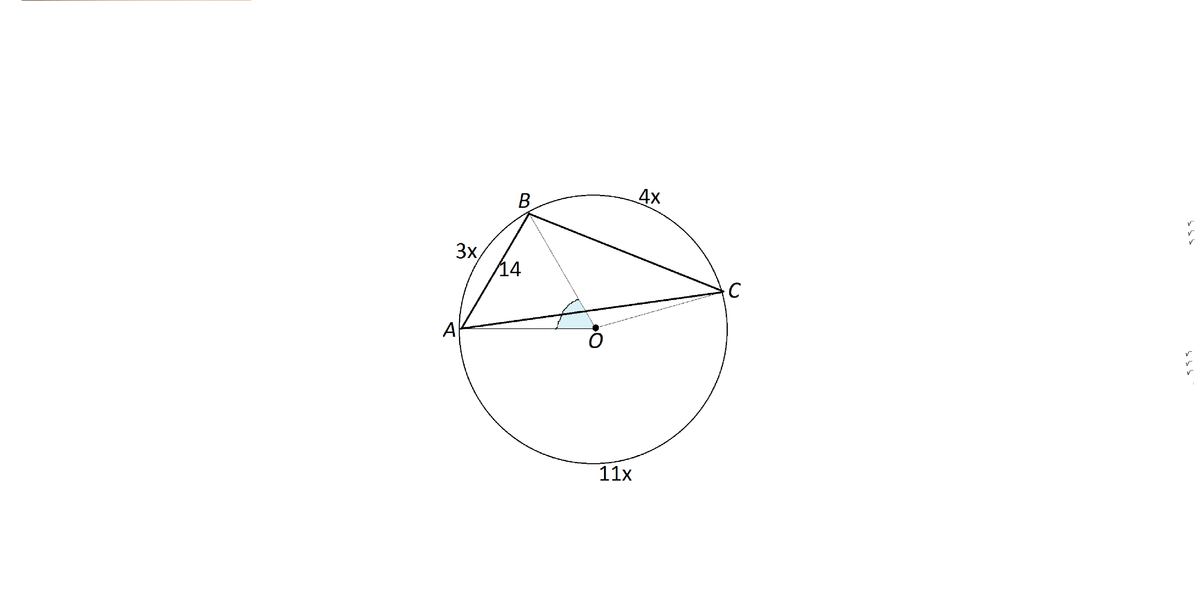 Вершины треугольника делят описанную окружность. Вершины треугольника делят описанную окружность на три дуги. Вершины треугольника делят описанную около него. Вершины треугольника делят описанную около него окружность на 3 дуги. Дуги относятся как 5 к 3