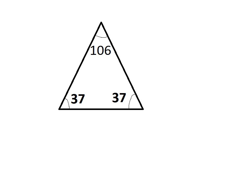 Угол 74 градуса. Угол при вершине равнобедренного треугольника равен 106 градусов. Треугольник 74 градуса. 106 Градусов треугольника. Угол 106 градусов.