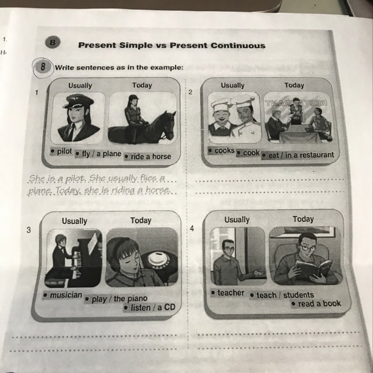 3 write sentences as in the example. Write sentences as in the example she is a Pilot she usually Flies a plane today she is riding a Horse ответы. Write the sentences in the example she is Apikot. She is a Pilot she usually Flies a plane today. Write sentences as in the example usually today Pilot.