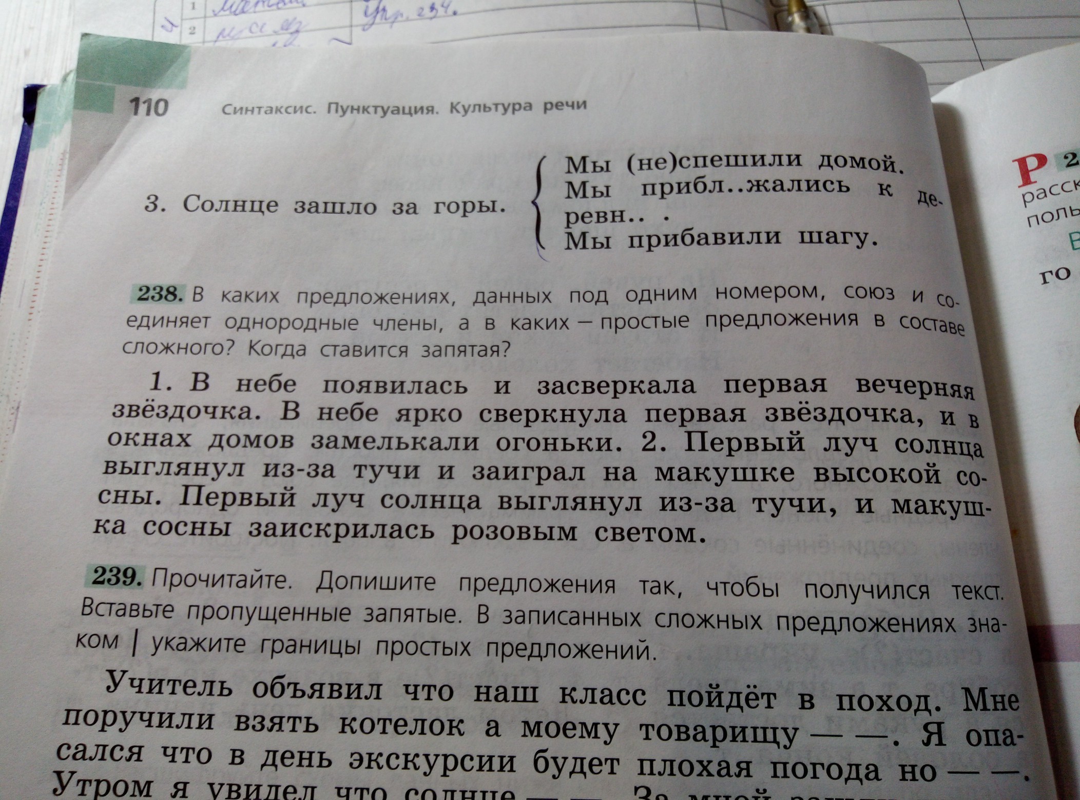 Упр 238. Учитель объявил что наш класс пойдет в поход схема предложения. Прочитайте допишите предложения так чтобы получился текст вставьте. Прочитайте допишите в предложениях вопросы. Мне поручили взять по членам предложения..