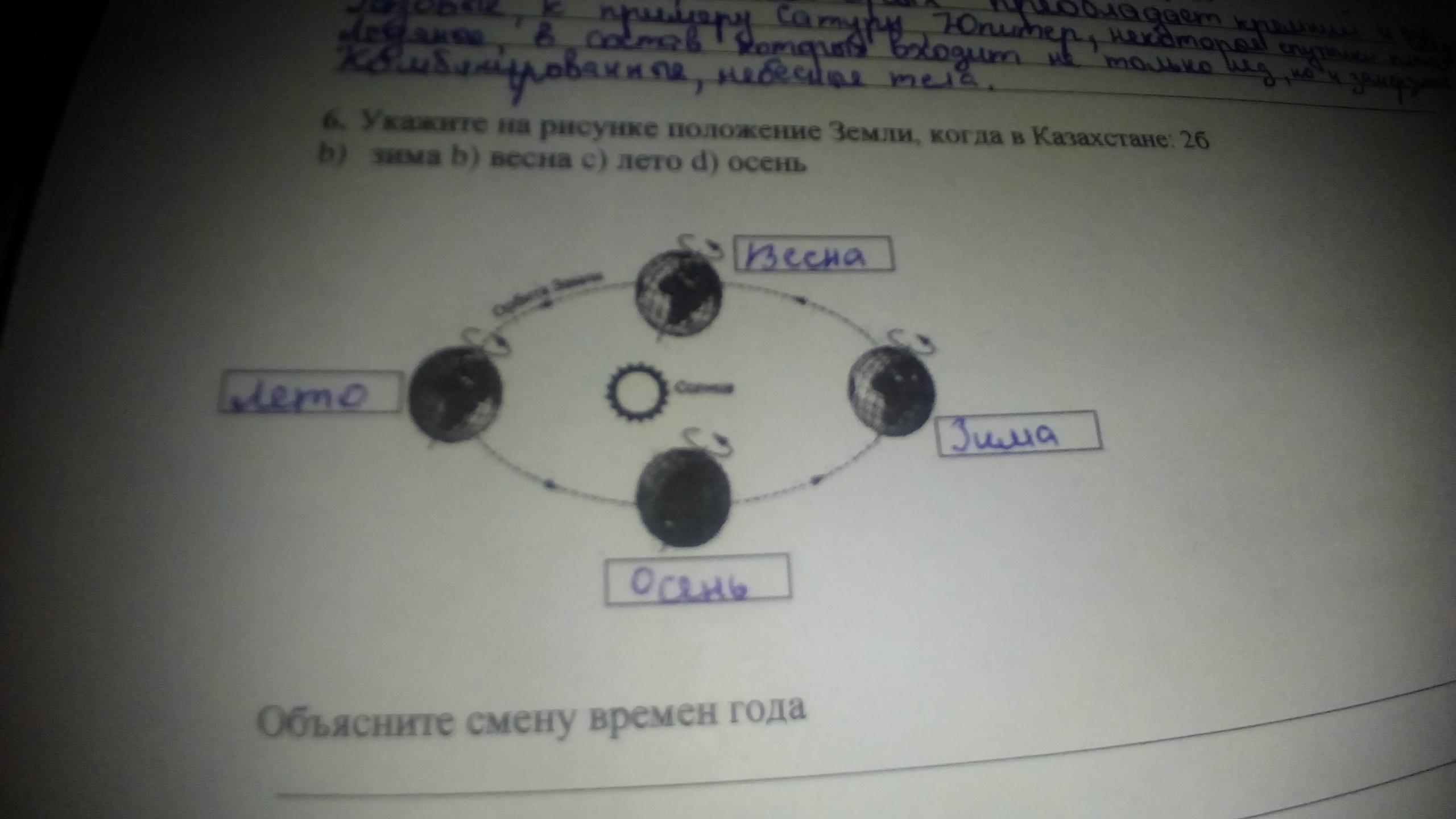 Укажите на рисунке положение земли когда в казахстане лето осень зима весна