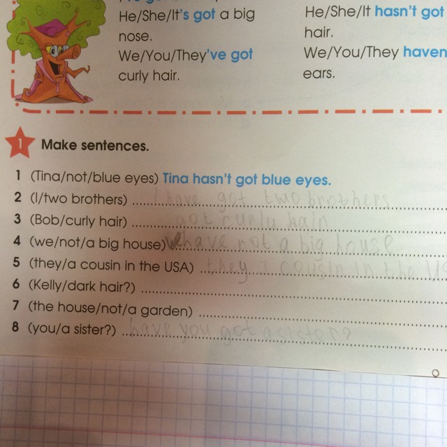 Make sentences with well. Make sentences Tina not Blue Eyes.