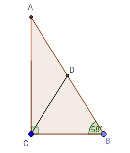 В треугольнике АВС угол ACB равен 90 угол b равен 58 CD Медиана.
