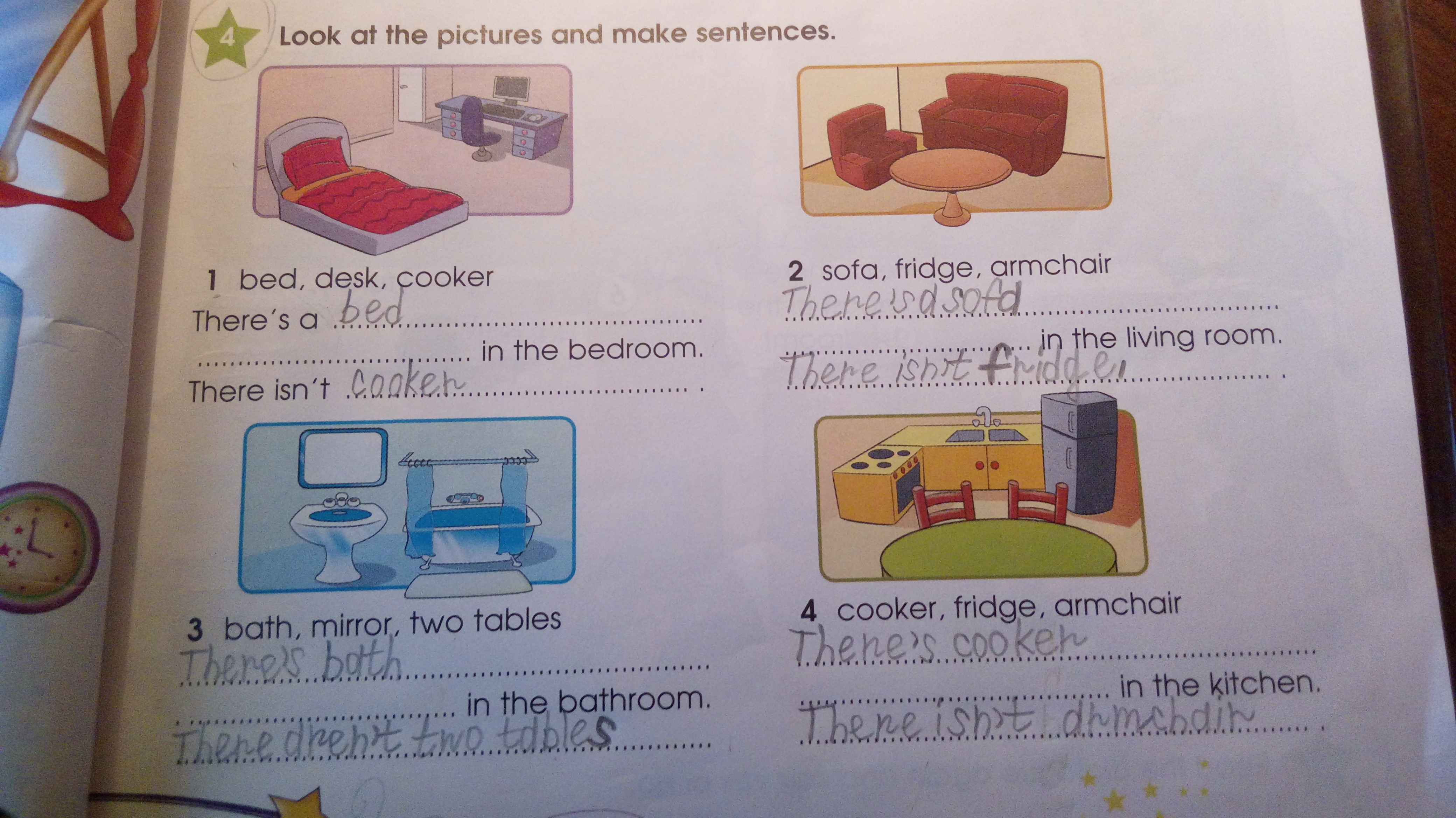 Look at the pictures and write sentences. There is a Bed and a Desk in the Bedroom. There is a Bed in the Bedroom. There is a Desk in the Bedroom. 5 Класс английский. Предложения со словом Desk.