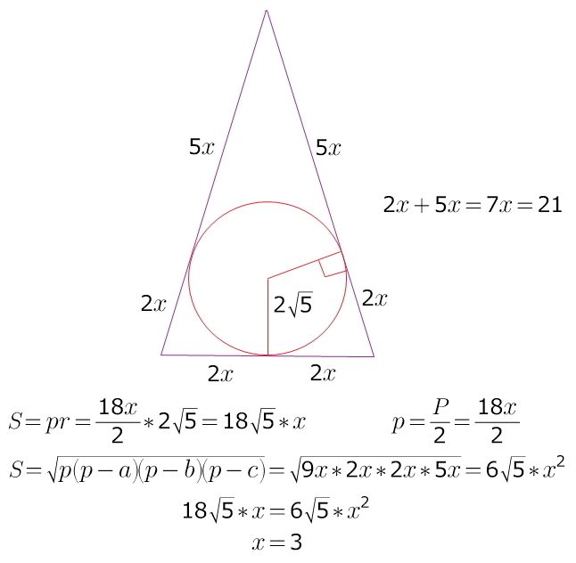 Точка касания окружности вписанной в равнобедренный треугольник. Площадь равнобедренного треугольника формула Герона. Окружность вписанная в равнобедренный треугольник делит в точке. Формула Герона для равнобедренного треугольника.