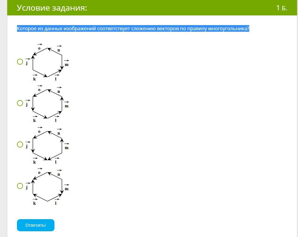 Который из данных изображений соответствует сложению векторов по правилу многоугольника