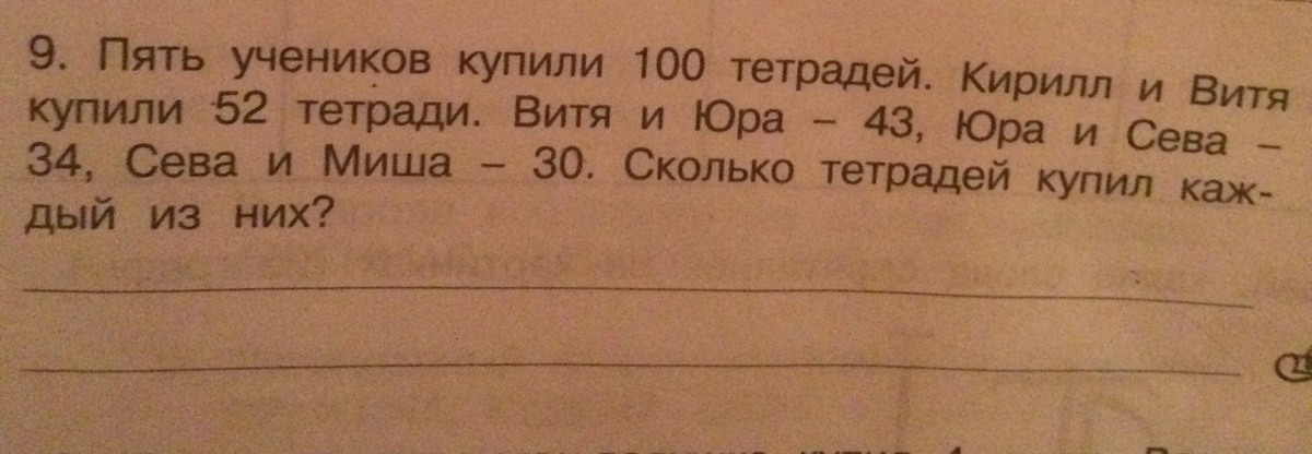 Ученик купил. Пять учеников купили 100 тетрадей. Пять учеников купили 100 тетрадей Кирилл и Витя купили 52. Пять учеников купили 100 тетрадей Коля. Задача 5 учеников купили 100 тетрадей.