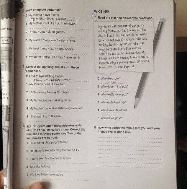 Listen and complete write. Write complete sentences my mother Loves Cooking. I like hate doing shopping. Wonderful sentences about mothers.