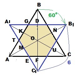 Правильный треугольник со стороной 6. Правильный шестиугольник образует 6 правильных треугольников. Медиана шестиугольника. Углы правильного треугольника со стороной 6 см срезали. Пересечение двух треугольников образуют шестиугольник.