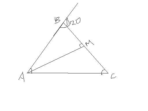 Высота ам треугольника абс. Внешний угол треугольника 120 градусов. Треугольник с углом при вершине 120. Стороны треугольника с углом 120 градусов. Внешний угол треугольника 60 градусов.