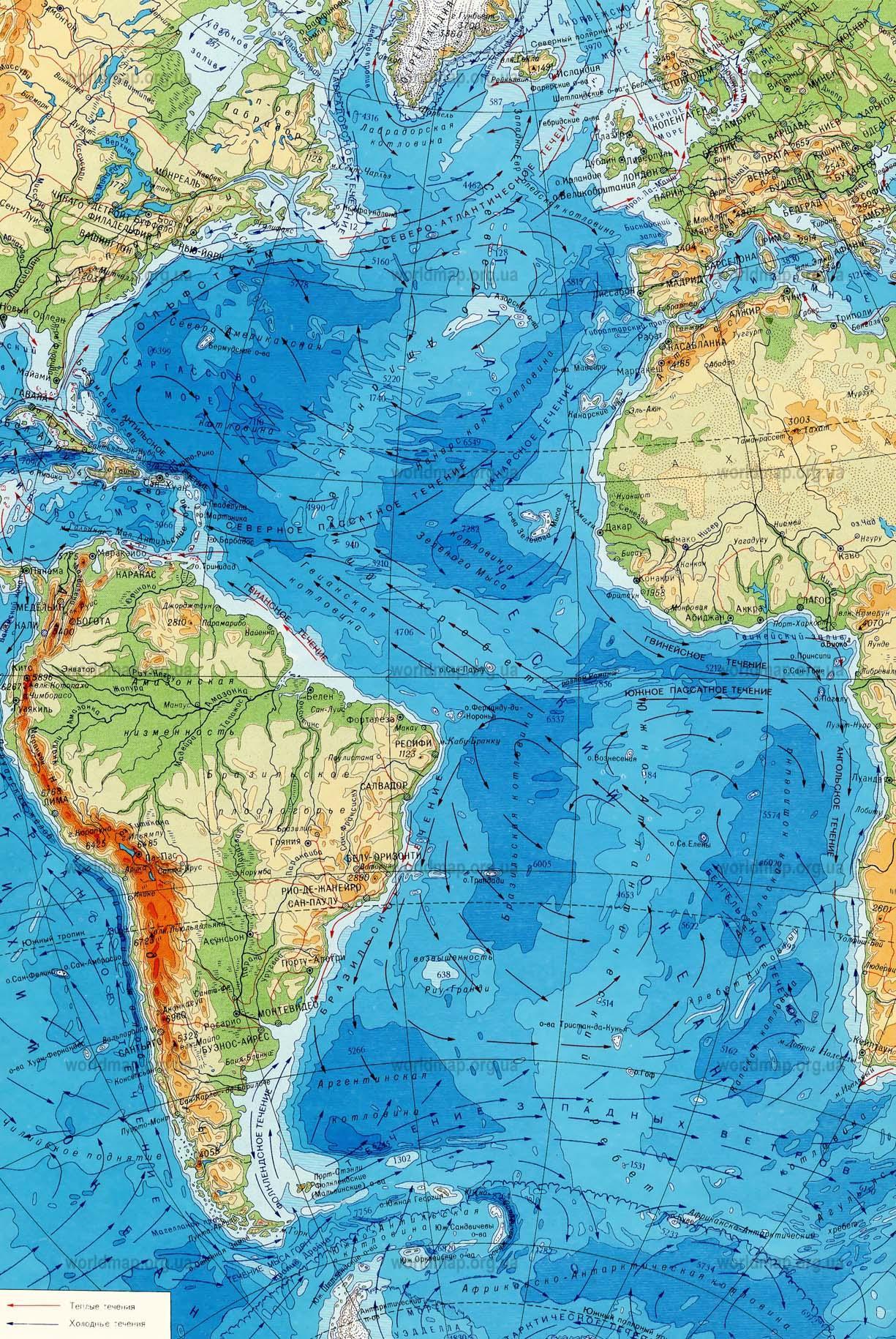 Северная Атлантика на физической карте