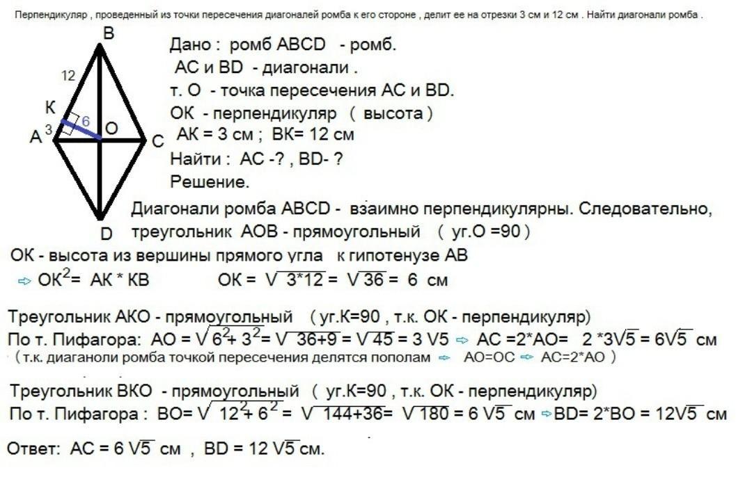 Перпендикуляр проведенный из вершины угла. Точка пересечения диагонали роиба. Пересечение диагоналей в ромбе. Точка пересечения диагоналей ромба. Перпендикулярность пересечённых диагоналей ромба.