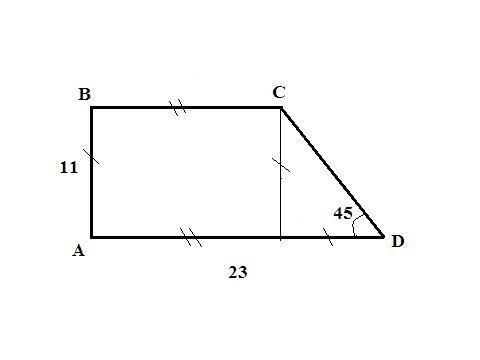 В прямоугольной трапеции острый угол равен 45