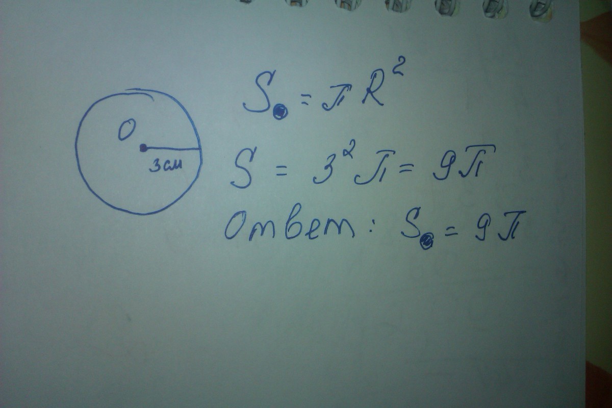 3 умножить на пи. Площадь равна р умножить на пи. 7. Вычислите площадь круга, изображенного на рисунке. (Считать я = 3). Пи умножить на r^3.