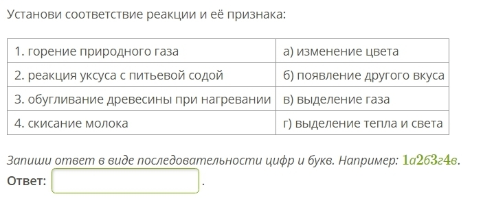 Установите соответствие реагирующие вещества. Горение природного газа признаки. Установи соответствие реакции и её признака. Горение природного газа признаки реакции. Горение дров признак реакции.