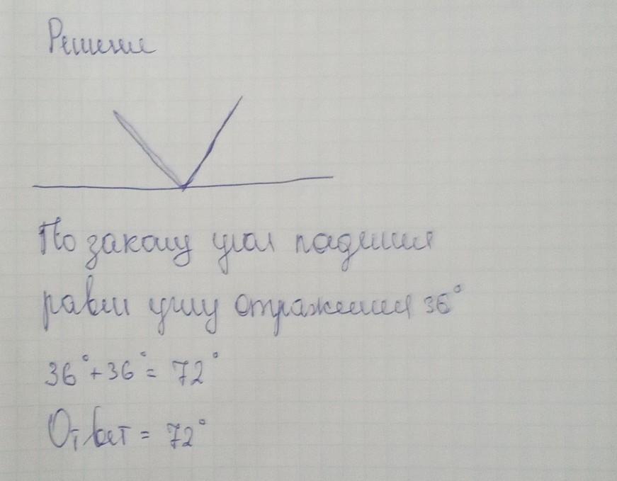 Угол между падающим и отраженным лучами равен 36 градусов чему равен угол отражения сделайте чертеж