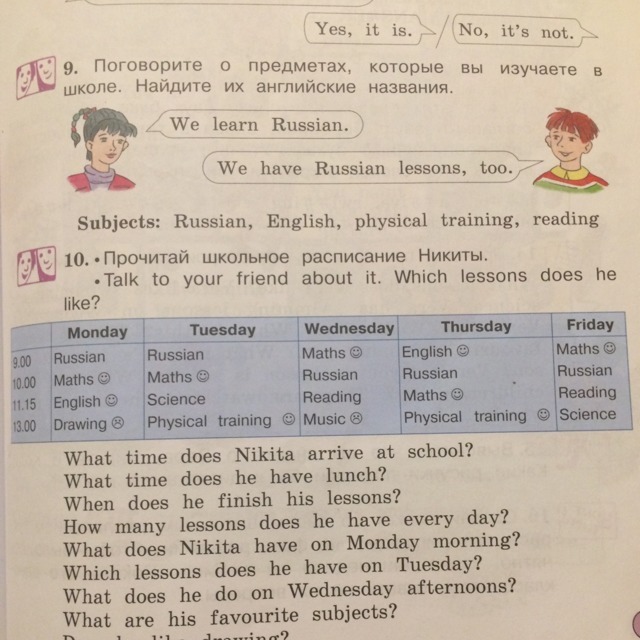 What time does he. Прочитай школьное расписание Никиты talk to your friend about it which Lessons does he like. Ответ на вопрос how many Lessons does he have every Day ?. What time does School. Прочитай школьное расписание Никиты.