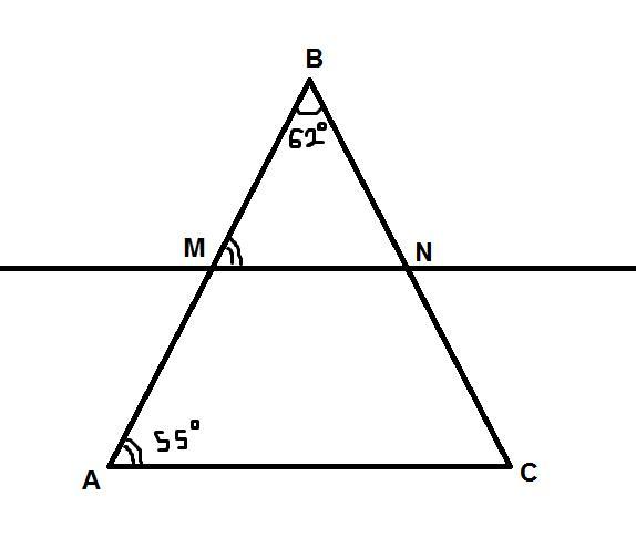 Треугольник асе. Секущая прямая в треугольнике. Прямая , параллельная стороне AC угла ABC. Прямая МП. На рисунке МN равна.
