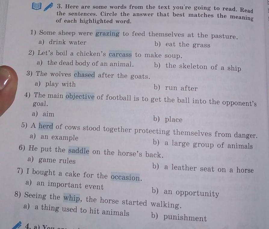 Match the highlighted words to their meanings. Choose the answer read the sentence circle the correct answer.