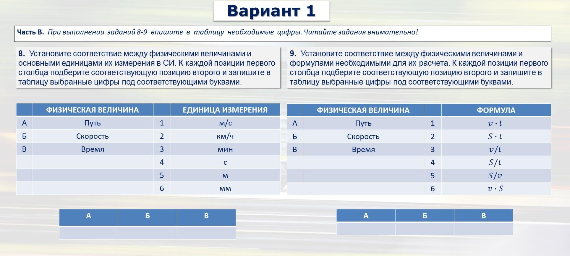 Соответствие между физическими величинами их измерения