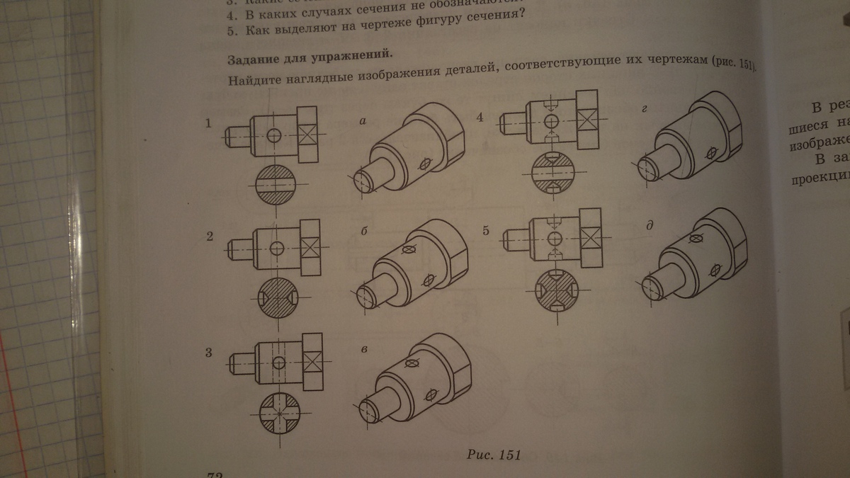 Найдите наглядные изображения. Найдите наглядные изображения деталей. Найдите наглядные изображения деталей по виду и сечению. По наглядному изображению Найдите чертёж детали. Рис 151 наглядные изображения деталей.