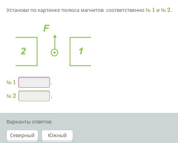 Определи по рисунку полюса магнитов соответственно 1 и 2