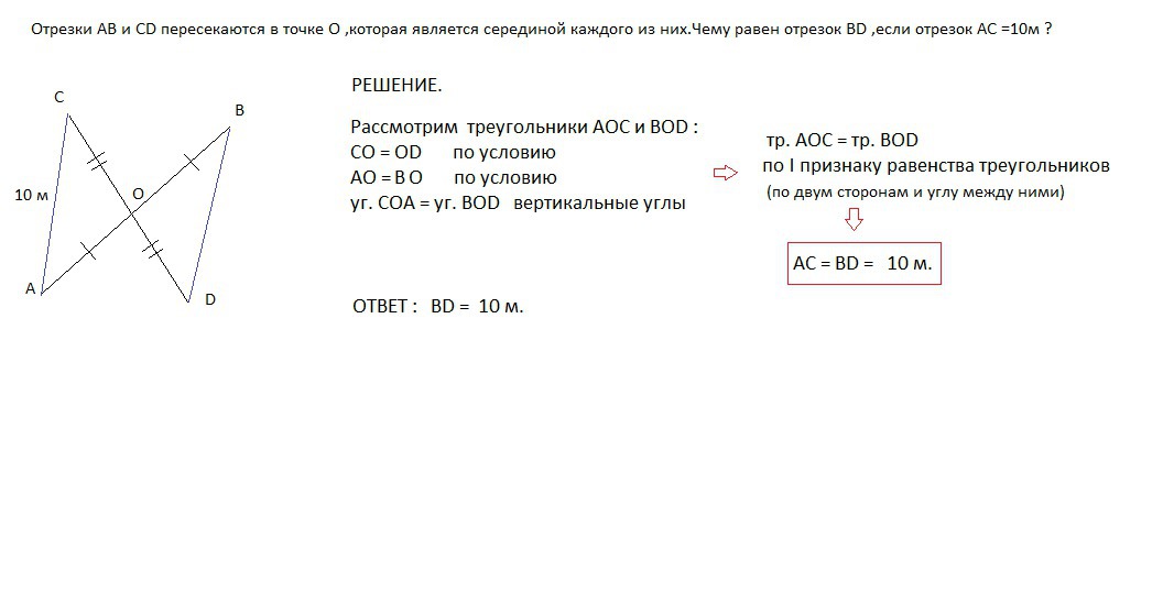 Равные отрезки AB и CD пересекаются в точке O и делятся