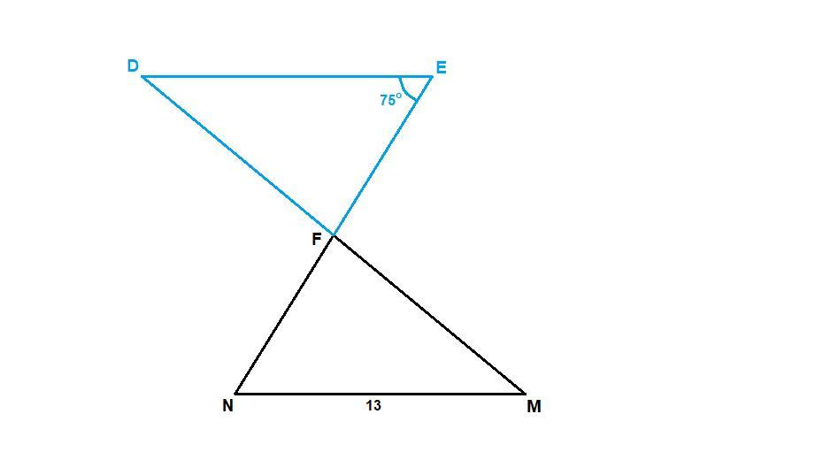 Начертите произвольный треугольник def на стороне de. Треугольник МНФ равен треугольнику деф мн 13 см. MNF = углу Def, MN=13см, а угол e равен 75°. Угол n=.MN=. Треугольник MNF треугольнику Def MN 13 см угол Fe 75 градусов.