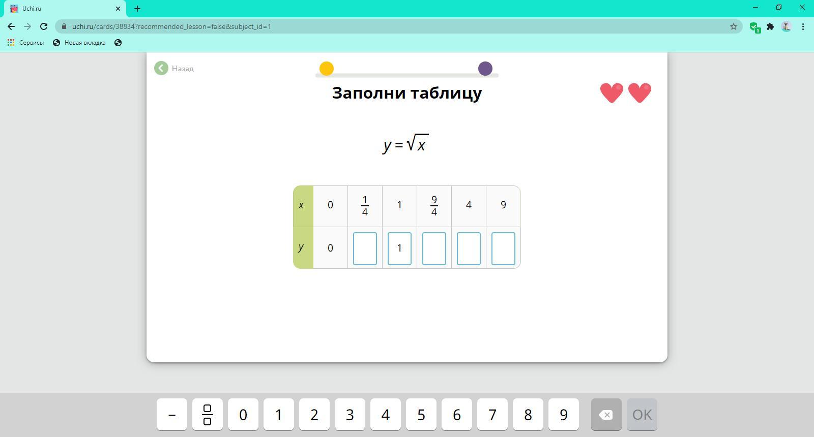 Заполни таблицу y=2x