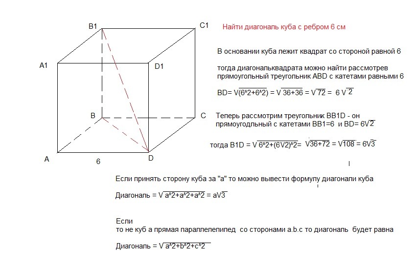 Диагональ куба равна 6 см. найти: а) ребро куба; б) косинус …