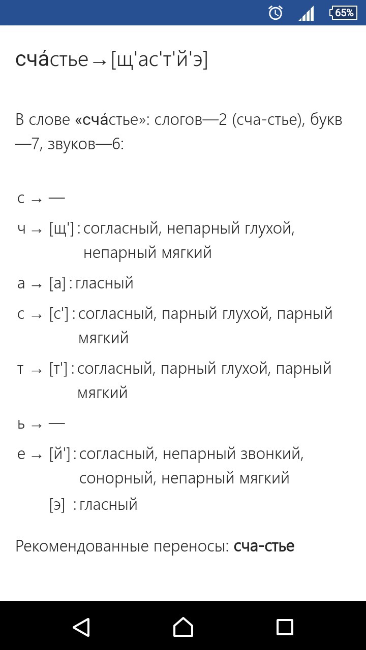 СЧАСТЬЕ: фонетический разбор слова, сколько букв и звуков