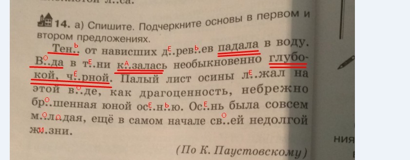 Ни спиши. В первом и втором предложении подчеркни основу. Тень от нависших деревьев. Предложение тень от нависших деревьев падала в воду. Тень от нависших деревьев падала в воду подчеркнуть основы.