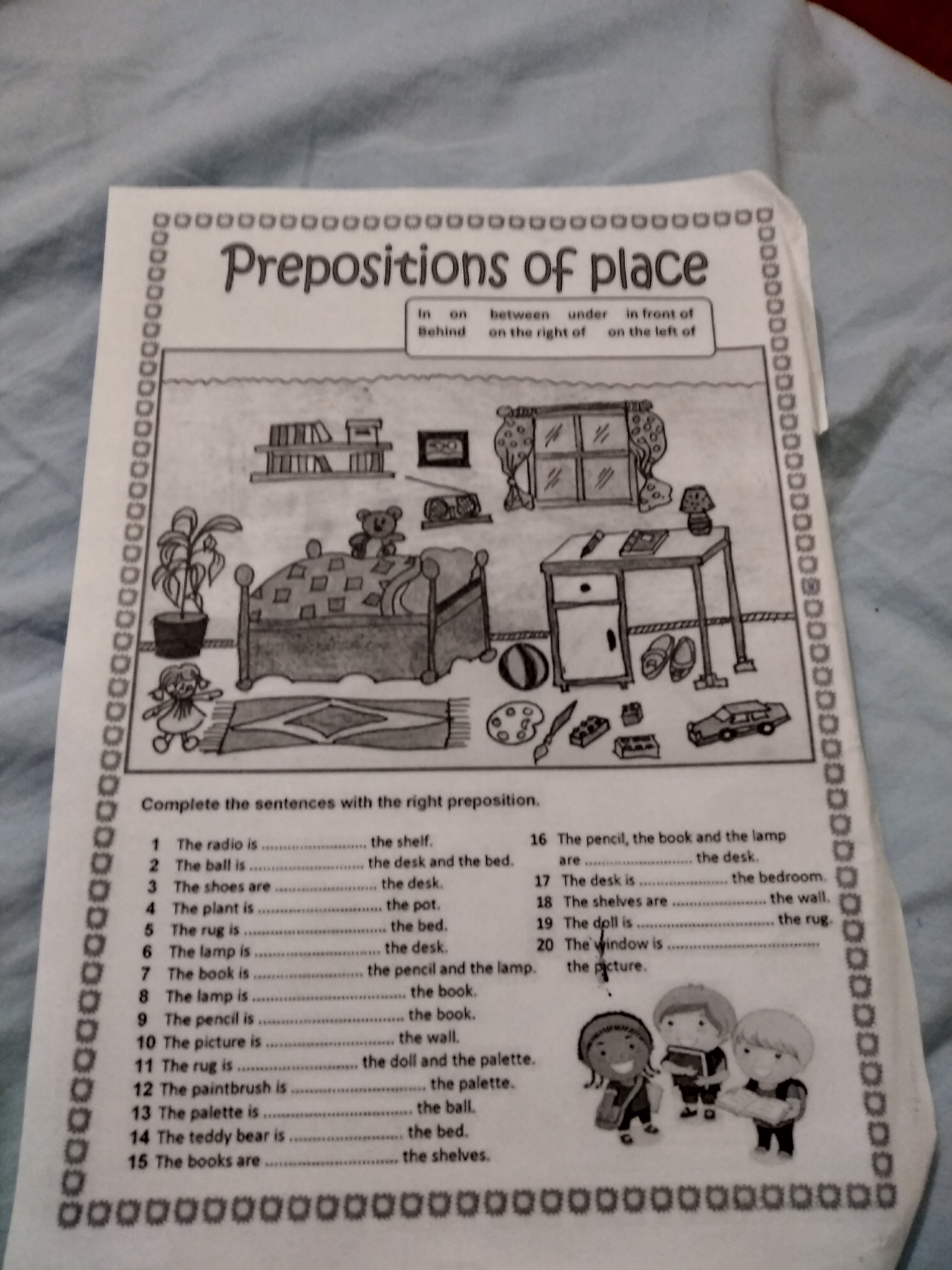 This book is nice. Complete the sentences with the right preposition.1 the Radio is ......the Shelf. Английский стр. 13 задание 1.2.5 the are three Pencils on the Desk.. The Radio is the Shelf. The book is next to the Teddy.