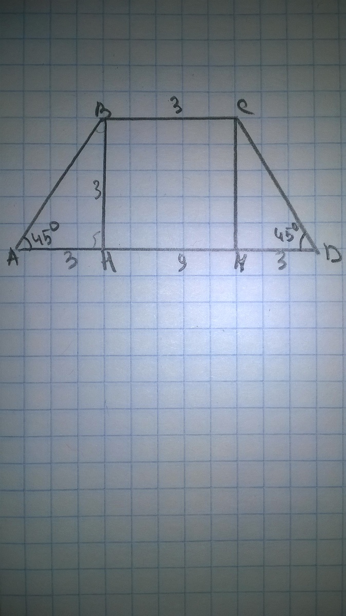 Основания равны 3 и 9. Площадь трапеции с углом 45 градусов. Трапеция равнобокая 45 градусов. Равнобедренная трапеция АВСД. Основания равнобедренной трапеции.