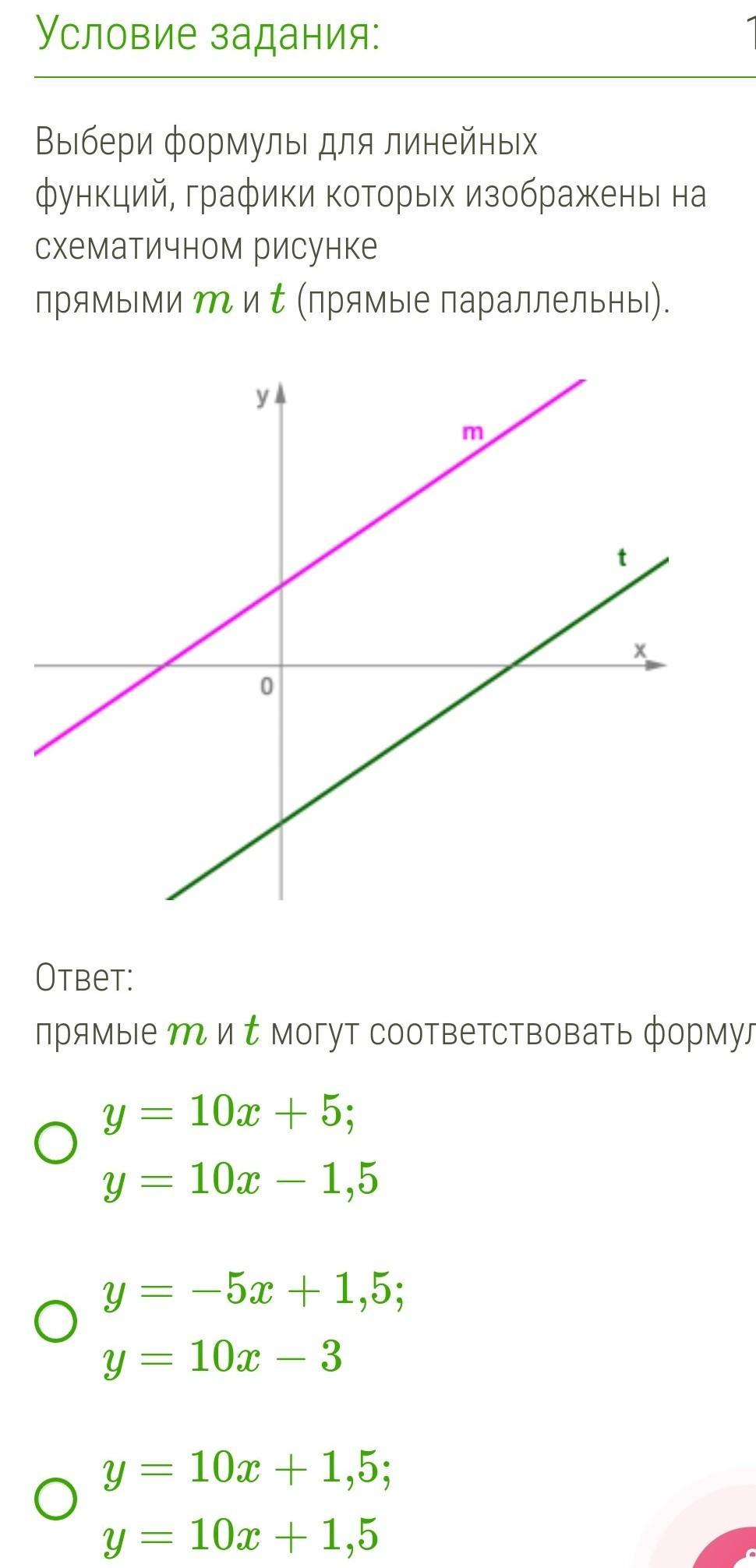 Выбери формулу для линейных функций графики которых изображены на схематичном рисунке прямыми m и t