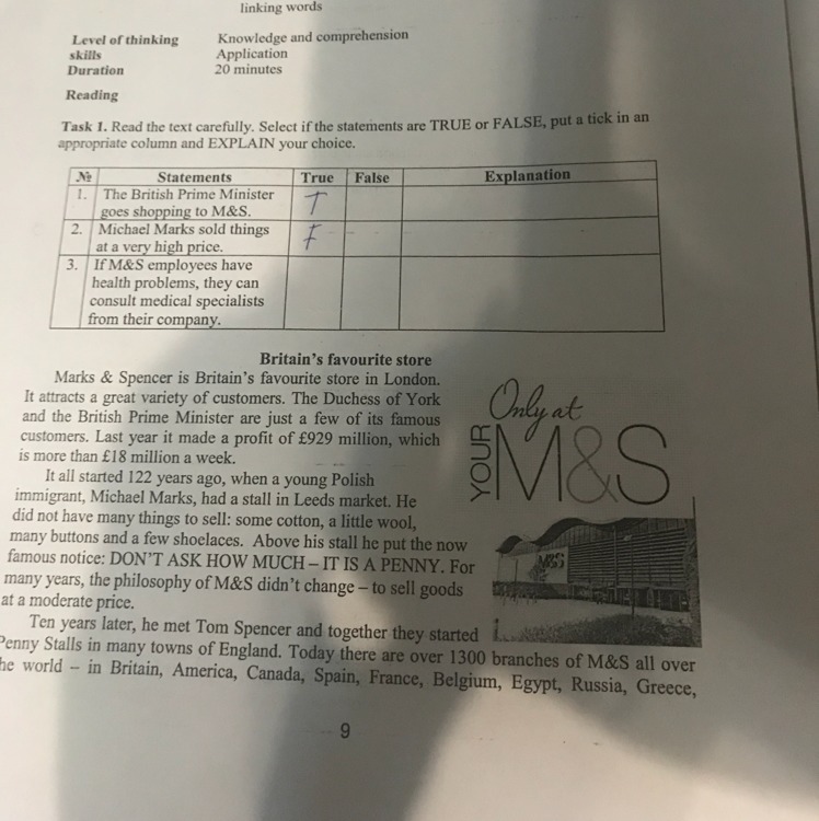 Are these statements true or false ones. Marks and Spencer is one of the uk's most famous Department Stores текст. Select carefully. Read about Sally's favourite place. Answer true or false. Гдз. Put the names of British Prime Ministers in chronological order.