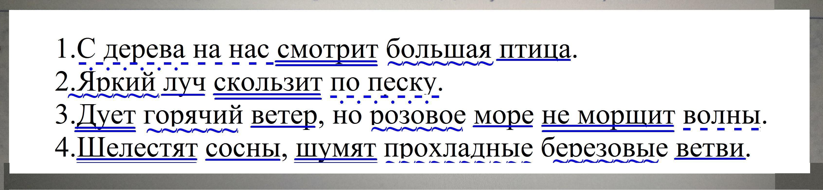 Синтаксический разбор предложения ветер. Синтаксический разбор предложения яркий Луч скользит по песку. Синтаксический разбор дует горячий ветер но розовое море не морщит.