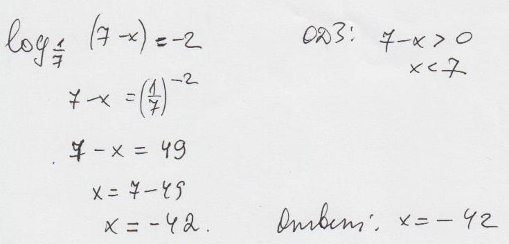 Найдите корень уравнения 1 8 3x 7. Лог 1/7 7-х -2. Log1/7 7-x -2 решение. Log 1/7 7-x равно -2. Log7 1+x 2 Найдите корень уравнения.