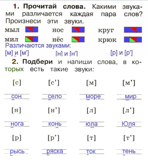 Раскрасить схему слова мыл