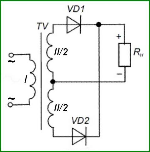 Составить схему двухполупериодного выпрямителя использовав стандартные диоды
