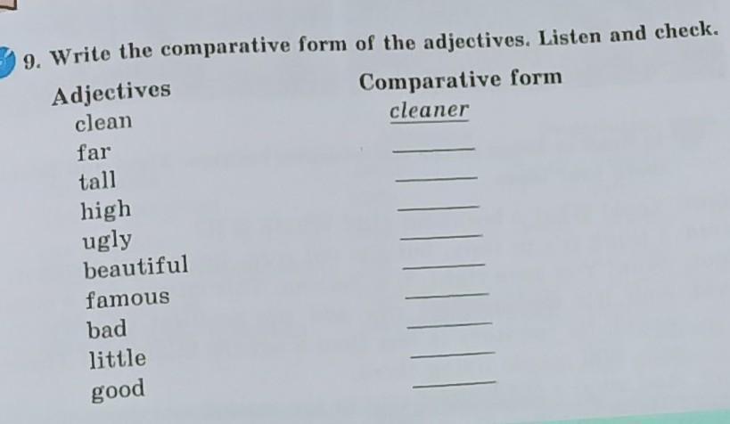 Write the Comparative form of the adjectives:. Comparative form ugly. Comparative form High. Far Comparative form. Far tall