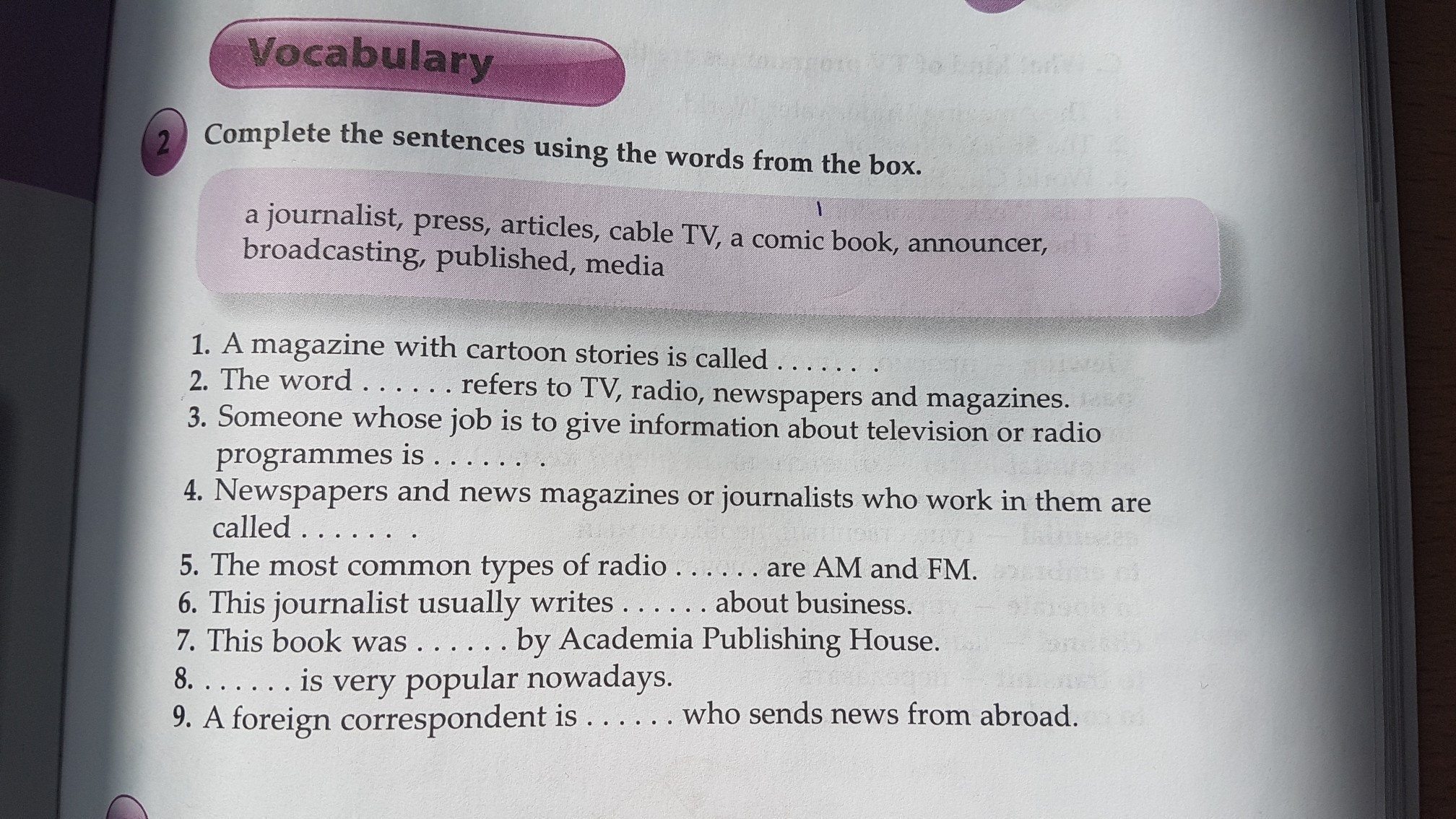 Sentences using the words given. Complete the sentences with articles a/an/the/-. Vocabulary complete the Words. Complete the sentences using the Words from the Box. Vocabulary complete the sentences.