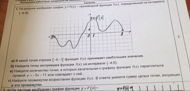 Найти целые точки. Сумма целых точек входящих в промежутки возрастания. Укажите сумму целых точек входящих в эти промежутки -9;5.