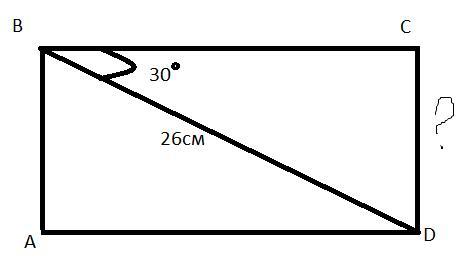 Диагональ прямоугольника 26 см. Прямоугольник с углом 30 градусов. Диагональ bd прямоугольника ABCD со стороной BC образует угол в 30. Прямоугольник ABCD 30 градусов. Диагональ треугольника 90 градусов.