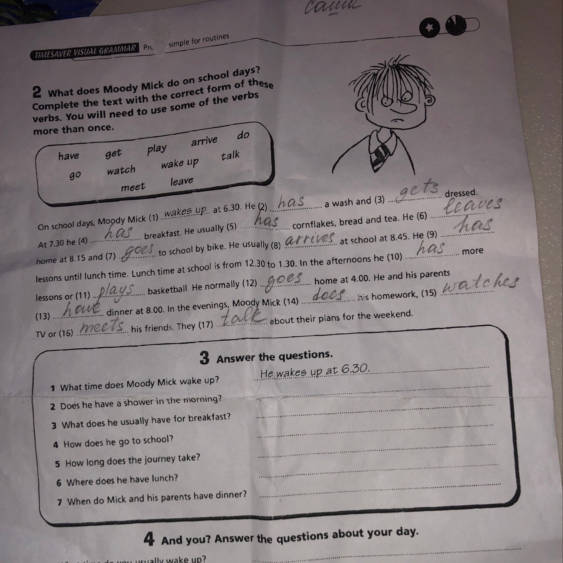 Answer the questions how do. Timesaver Visual Grammar ответы. What does Moody Mick do on School Days ответы. Moody Mick's Day ответы. Текст про Moody Mick.