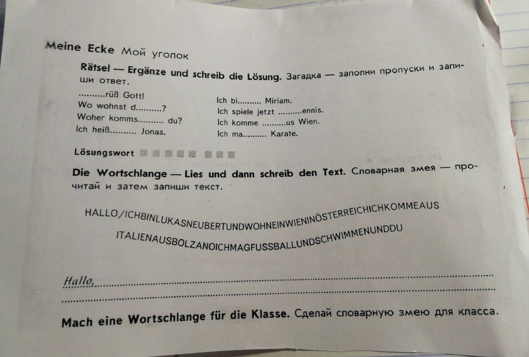 Lies den text. Словарная змея прочитай и затем запиши текст немецкий. Заполни пропуски и запиши ответ. Словарная змейка по немецкому.