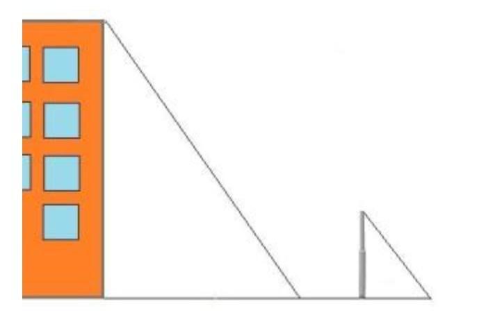 На рисунке изображен здание и стоящее. Тень от здания высотой 2.7 м. Вертикальный колышек высотой 1м. Длина тени многоэтажного здания равна 6 м а длина. Тень здания равна 4 м.