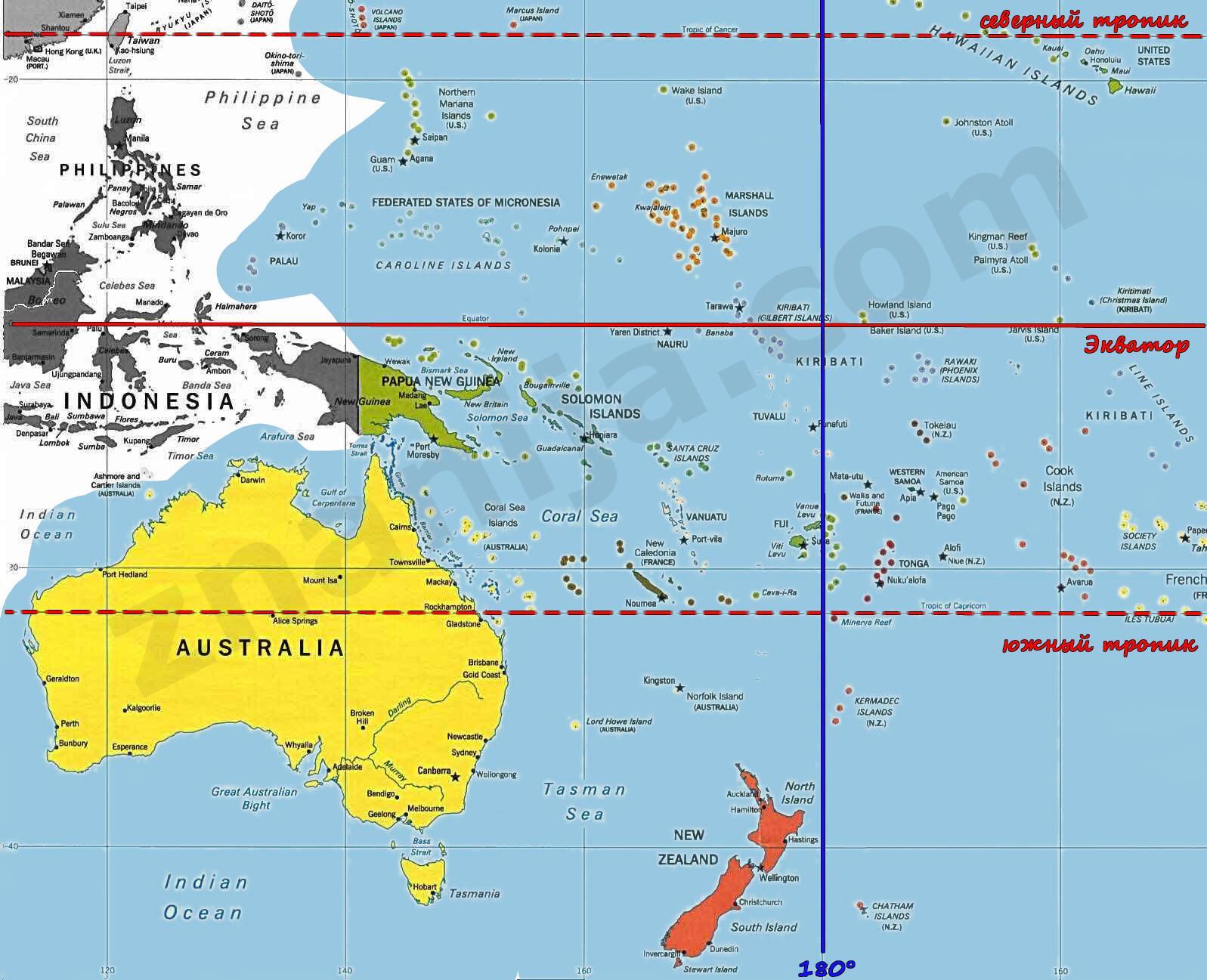 Австралия относительно нулевого и 180 меридиана