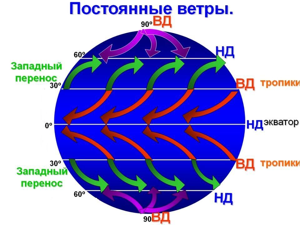 Какой цифрой на схеме обозначены западные ветры ответ