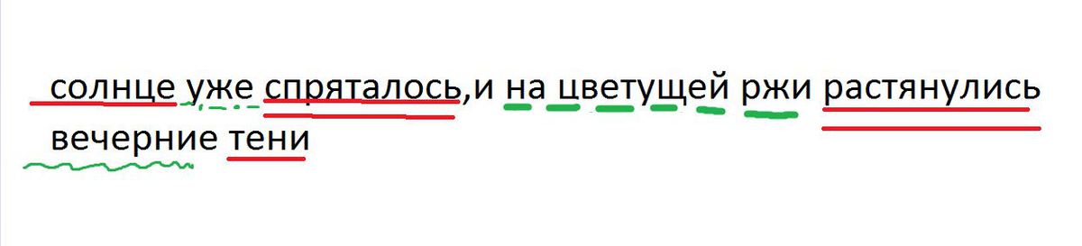 Растянулись вечерние тени. Синтаксический разбор тень. Солнце уже пряталось и на цветущей ржи растянулись вечерние тени. Солнце уже пряталось. Разобрать предложение солнце спряталось за Бор.